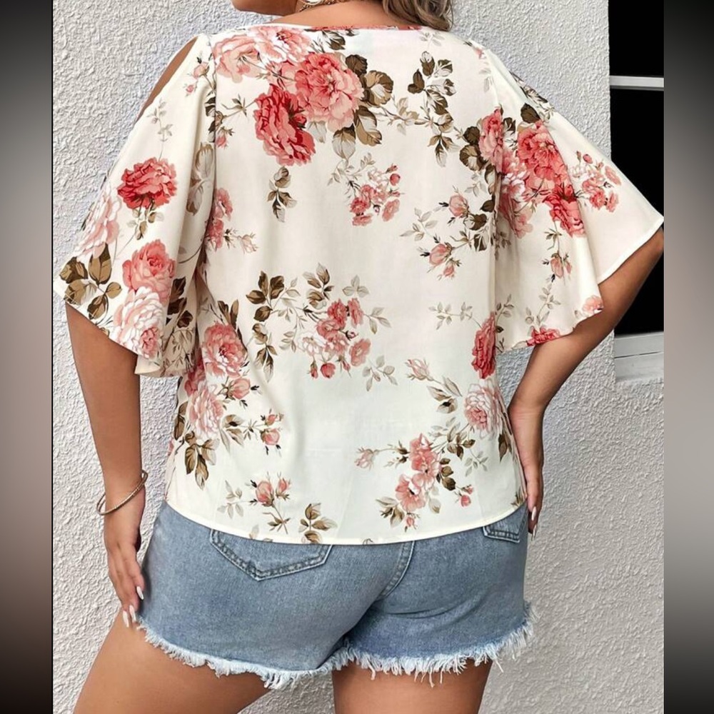 Boho Plus Size Floral Print Cut Out Cold Shoulder Top Blouse Shirt - Picture 3 of 7